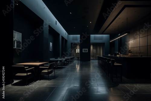 Minimalist fancy restaurant and bar. Dark black color palette. Centered perspective. Interior Design