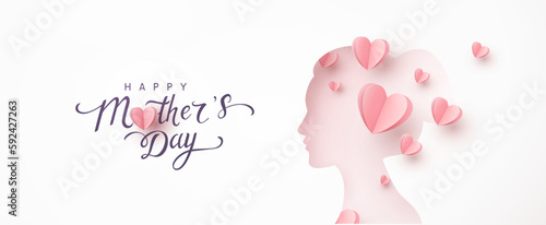 Mother's day greeting card. Woman silhouette with pink paper hearts. Vector festive mom postcard. Symbol of love mum and child on white background