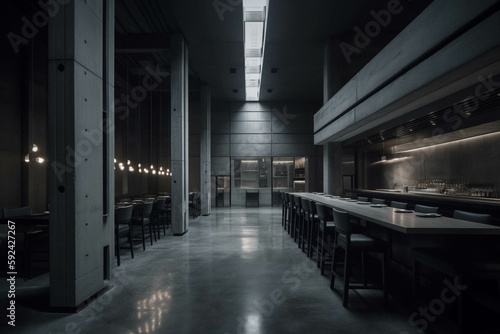 Minimalist fancy restaurant and bar. INDUSTRIAL style. Centered perspective. Interior Design