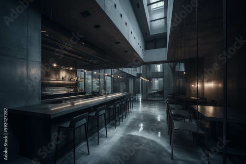 Minimalist fancy restaurant and bar. All-grey color palette. Centered perspective. Interior Design