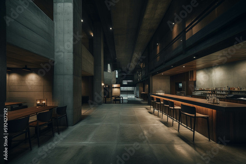 Minimalist fancy restaurant and bar. INDUSTRIAL style. Centered perspective. Interior Design © MadSwordfish