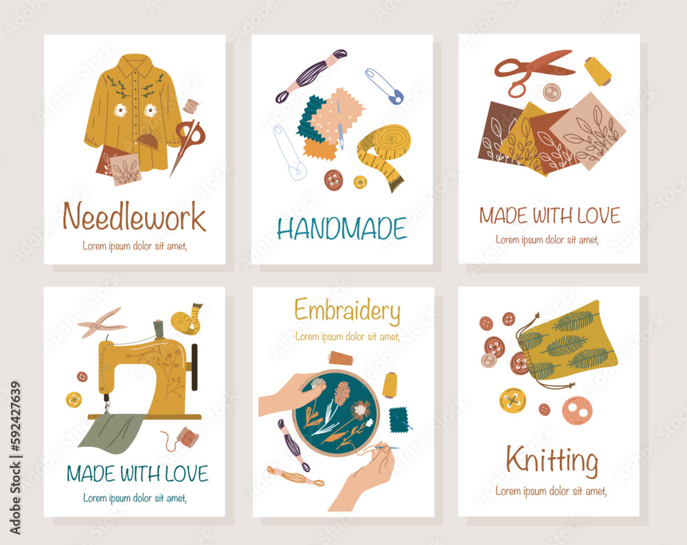 Sewing banners set. Collection of posters for website with embroidery and dress. Fabric, thread and needle. Seamstress and atelier tools. Cartoon flat vector illustrations isolated on beige background