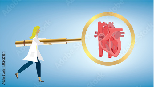 Woman, doctor, researcher, surgeon taking a good look at heart with big magnifying glass. Dimension 16:9. Vector illustration.