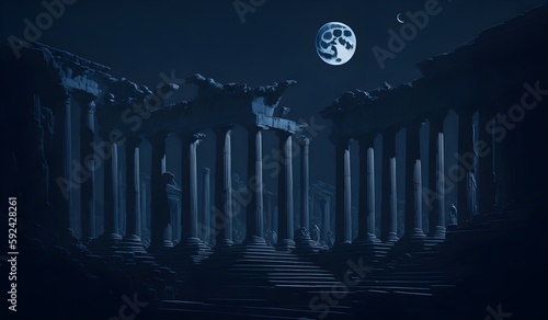 Wallpaper einer griechischen Ruine in der Nacht bei Vollmond