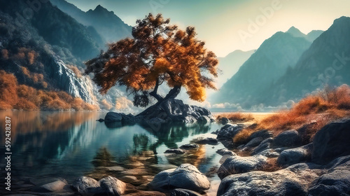 A conceptual art of landscape mountains with tree in a lake
