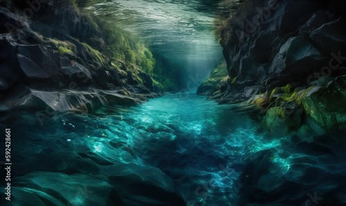  an underwater view of a river in a cave with a bright blue pool of water below the water is a waterfall and a rock cliff.  generative ai