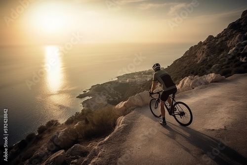 Homem adulto em uma bicicleta de corrida subindo a colina na estrada costeira da paisagem do mar mediterrâneo