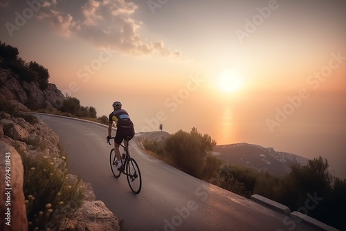 Homem adulto em uma bicicleta de corrida subindo a colina na estrada costeira da paisagem do mar mediterrâneo © Alexandre