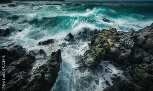  a rocky shore covered in lots of green and white water next to a rocky shore covered in lots of green and white water next to a large body of water. generative ai