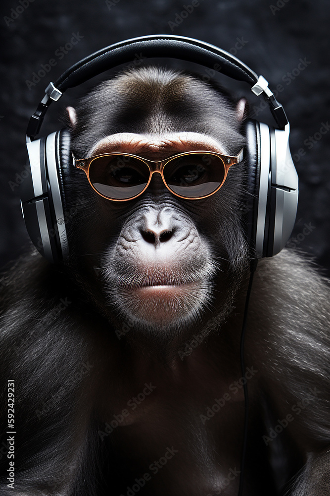 macaco com fone de cabeça escutando musica 