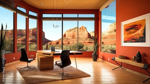 Scenic southwest red mountains Sedona online webinar virtual room meeting interior home office background for teams video calls backdrop. Created using Generative AI.