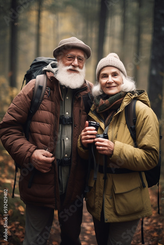 Natureza, caminhadas e retrato do velho casal de mãos dadas na aventura na floresta, floresta e montanha para o exercício. Fitness, aposentadoria e idosos felizes e idosos sorriem caminhando para o be