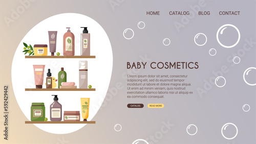 Web page design with baby cosmetics. Shelves with baby shampoo, gel, cream, powder, soap, yellow rubber duck. Natural baby cosmetics. Landing page template. Stock vector illustration.
