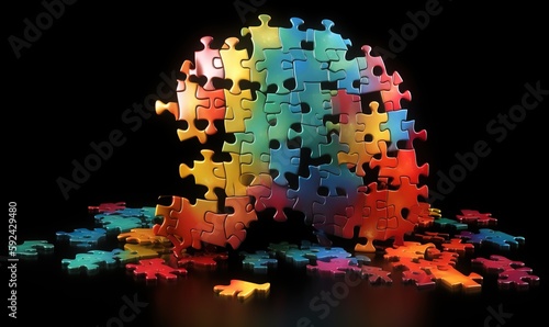  a multicolored jigsaw puzzle is shown in the middle of a black background with a rainbow of colors in the middle of the puzzle. generative ai