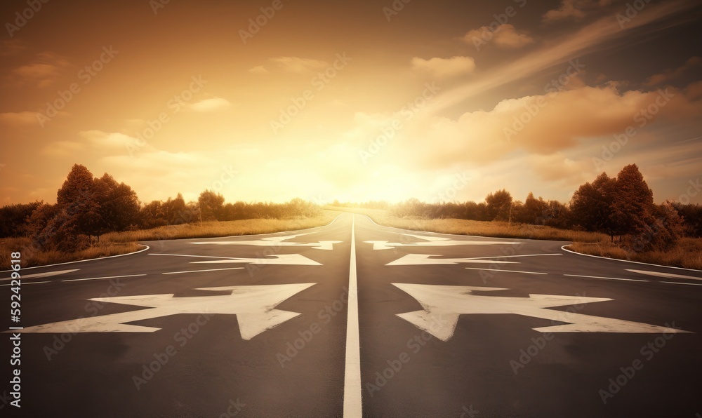  a road with two white arrows pointing in opposite directions and a sun setting in the background with clouds in the sky and sun shining on the horizon.  generative ai