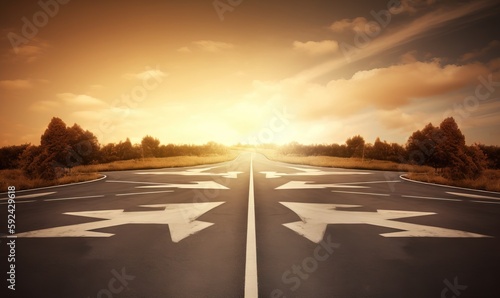  a road with two white arrows pointing in opposite directions and a sun setting in the background with clouds in the sky and sun shining on the horizon. generative ai