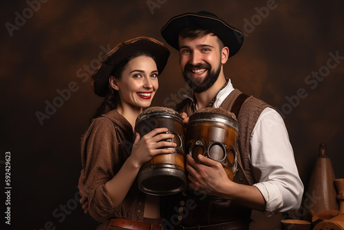 Retrato de homens e mulheres felizes da Oktoberfest, vestindo roupas tradicionais da Baviera, servindo cerveja grande photo