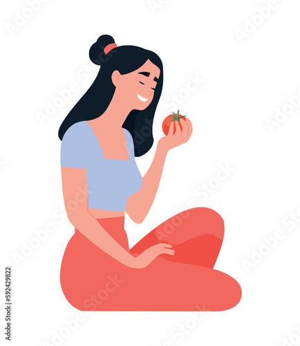Smiling women eating fresh organic vegetarian meal happily