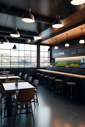 cafe interior  industrial effect  ultra-realistic  octane render. modern design   low cost materials  