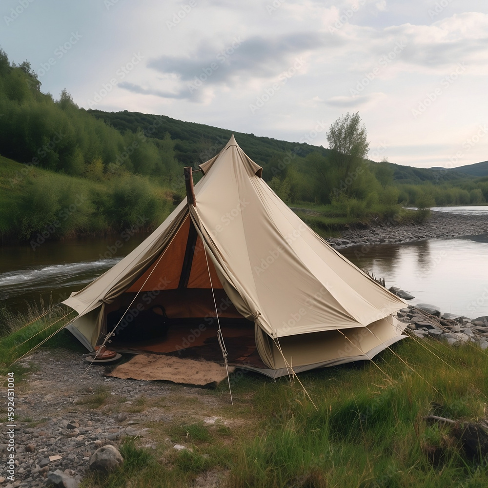 Camping in the beautiful countryside along a river. Created using generative AI
