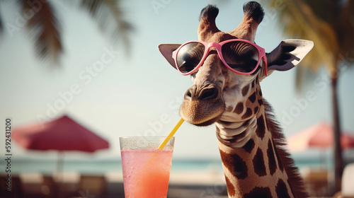 giraffe with sunglasses on the beach generative AI © Melinda Nagy