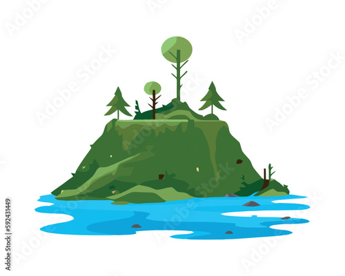 Green forest landscape with pine trees and water