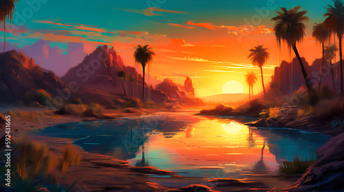 A vivid digital painting of a desert oasis, with palm trees, a shimmering pool of water, and a colorful sunset