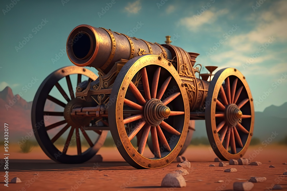 Ancient cannon on wheels, illustration generative AI