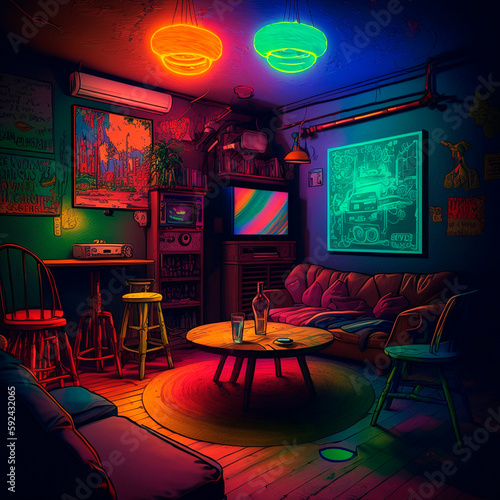 cozy basement lounge with board games, TV and neon lights. High quality illustration