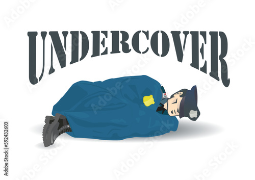 Undercover, funny illustration of a cop under a blanket, literal interpretation of a common phrase