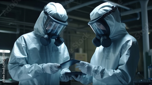 Engineers in protective costumes examining pressure on gauge and typing on tablet pc at chemical plant