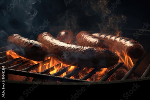 Grilled sausages, fire grill and smoke on a dark background, fast food, grilled meat. generative ai