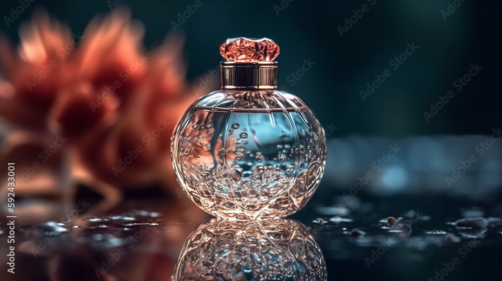 A delicate and noble glass perfume bottle was placed in the middle of the water A delicate and noble glass perfume bottle was placed in the middle of the water