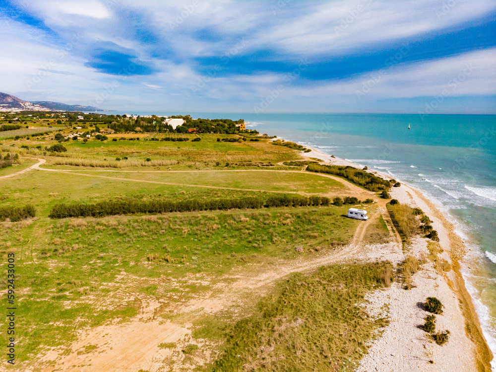 Caravan camping on coast. Aerial view Caravan camping on coast. Aerial view