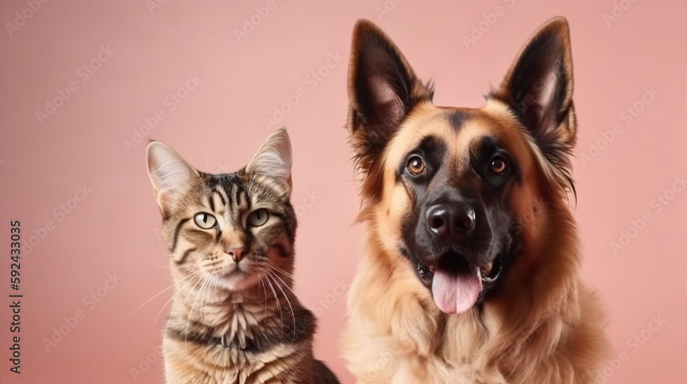 Cute dog and cat on gradient background