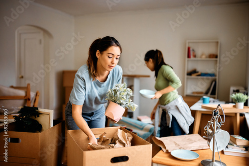 Young woman and her friend packing their belongings while preparing to move out of apartment.