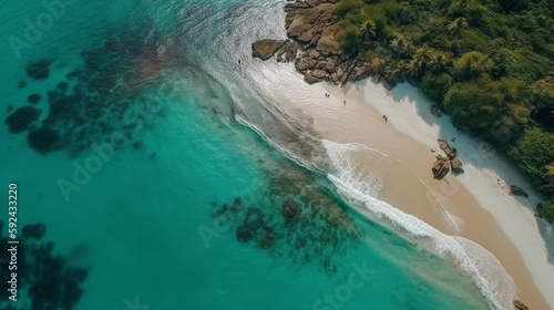 Aerial drone view of beach from above, blue water, tropical vacation, holiday on resort concept