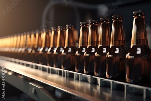 Bottled beer production  finished beer on the production line  production. generative ai