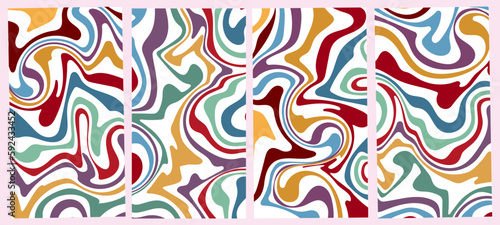 Psychedelic groovy pattern set with colorful swirls. Retro abstract background in 60s, 70s style with liquid wavy lines. Hippie psychedelic design with trippy retro waves. Vector illustration