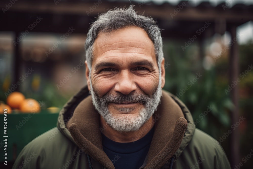 Portrait of mature man with gray beard looking at camera in garden Portrait of mature man with gray beard looking at camera in garden