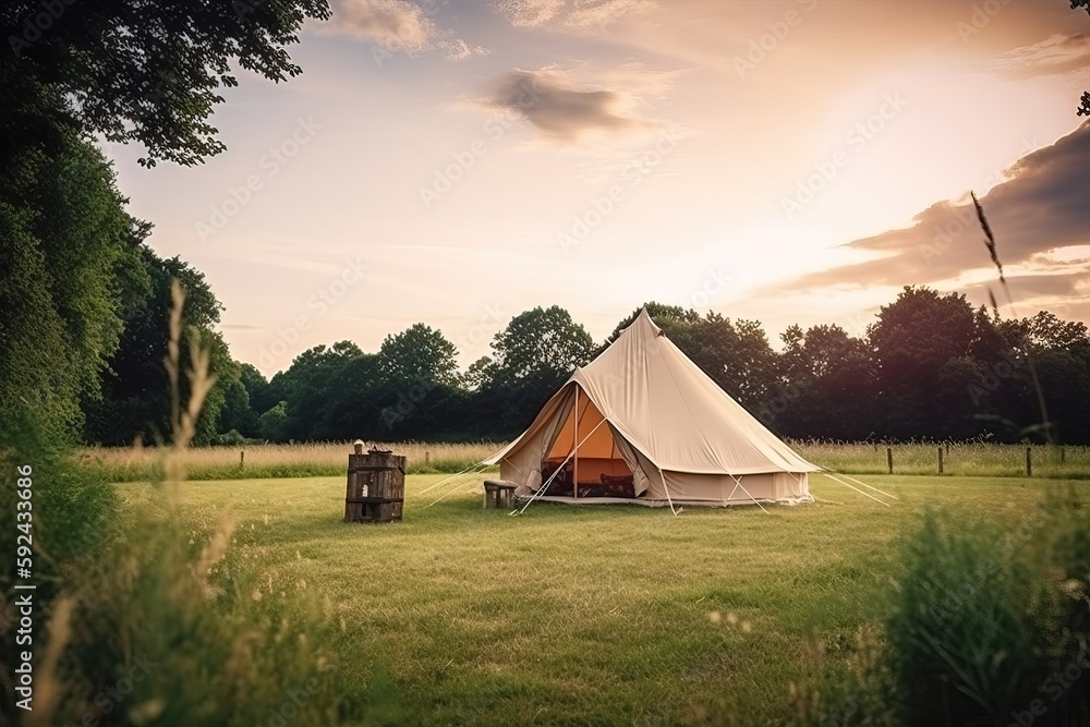 luxury glamorous camping. glamping in the beautiful nature, generative artificial intelligence