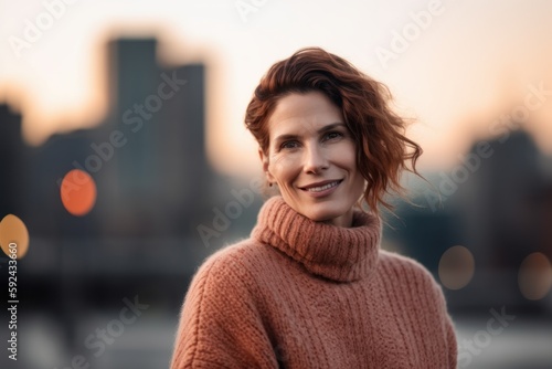 Portrait of a smiling woman in a sweater on the background of the city © Robert MEYNER