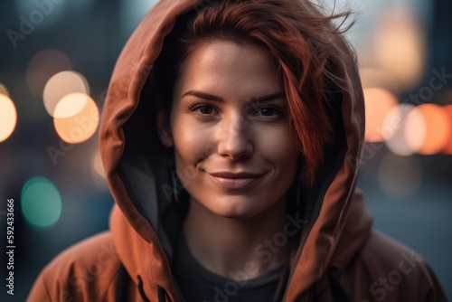 Close-up portrait photography of a pleased woman in her 30s wearing a stylish hoodie against a futuristic city or skyline background. Generative AI