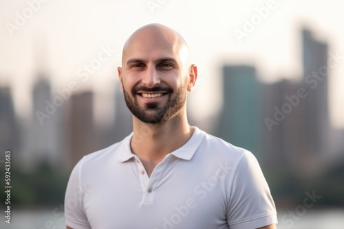 Portrait of a handsome bald man smiling at the camera in the city
