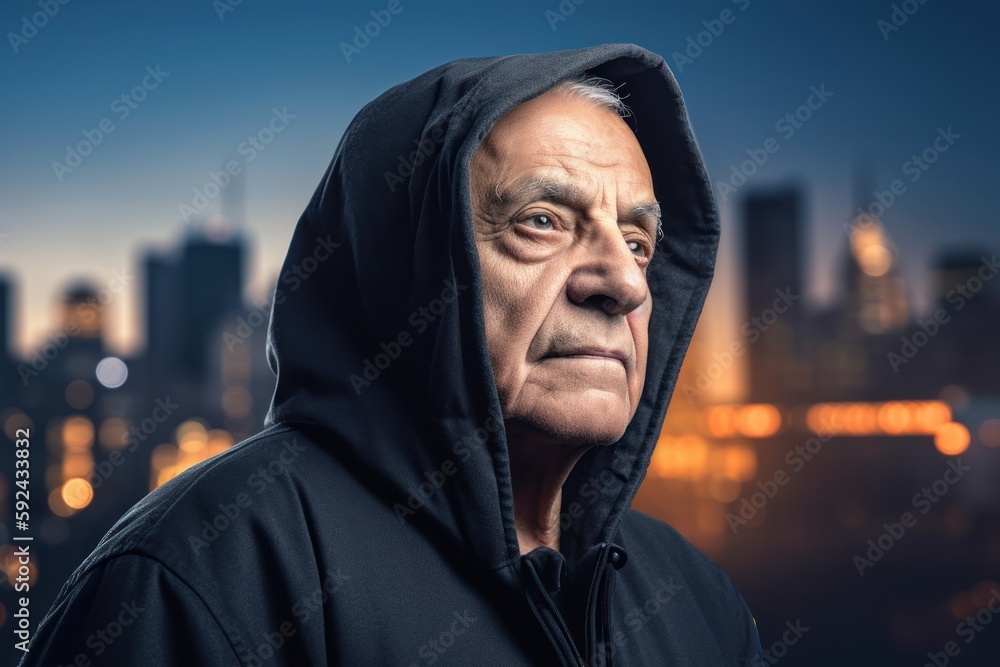 Portrait of an old man in a hood over the city background