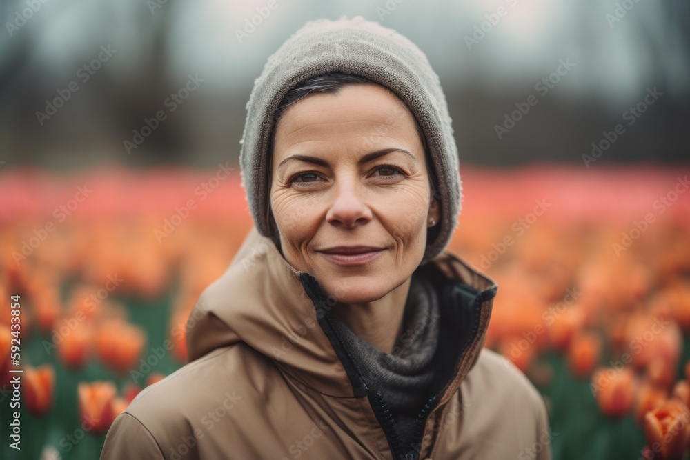 Close-up portrait photography of a satisfied woman in her 40s wearing a warm parka against a flower field or tulip field background. Generative AI Close-up portrait photography of a satisfied woman in her 40s wearing a warm parka against a flower field or tulip field background. Generative AI