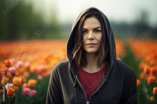 Portrait of a beautiful young woman in a field of tulips