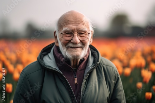 Portrait of a senior man in an orange tulip field.