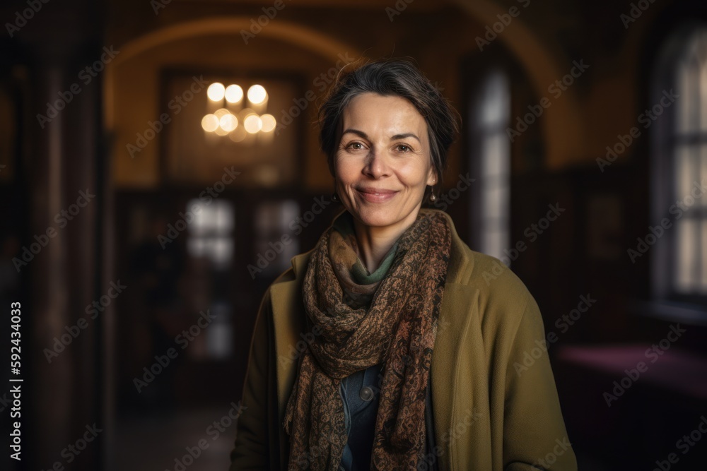 Portrait of a beautiful middle-aged woman in a beige coat and scarf. Portrait of a beautiful middle-aged woman in a beige coat and scarf.