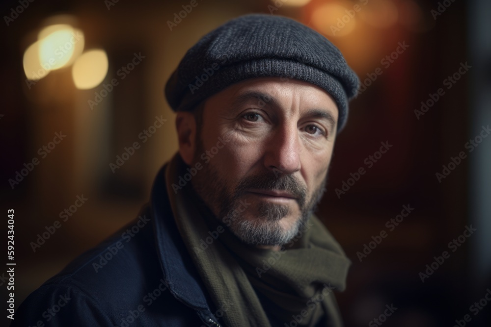 Portrait of a middle-aged man in a hat and a scarf. Portrait of a middle-aged man in a hat and a scarf.